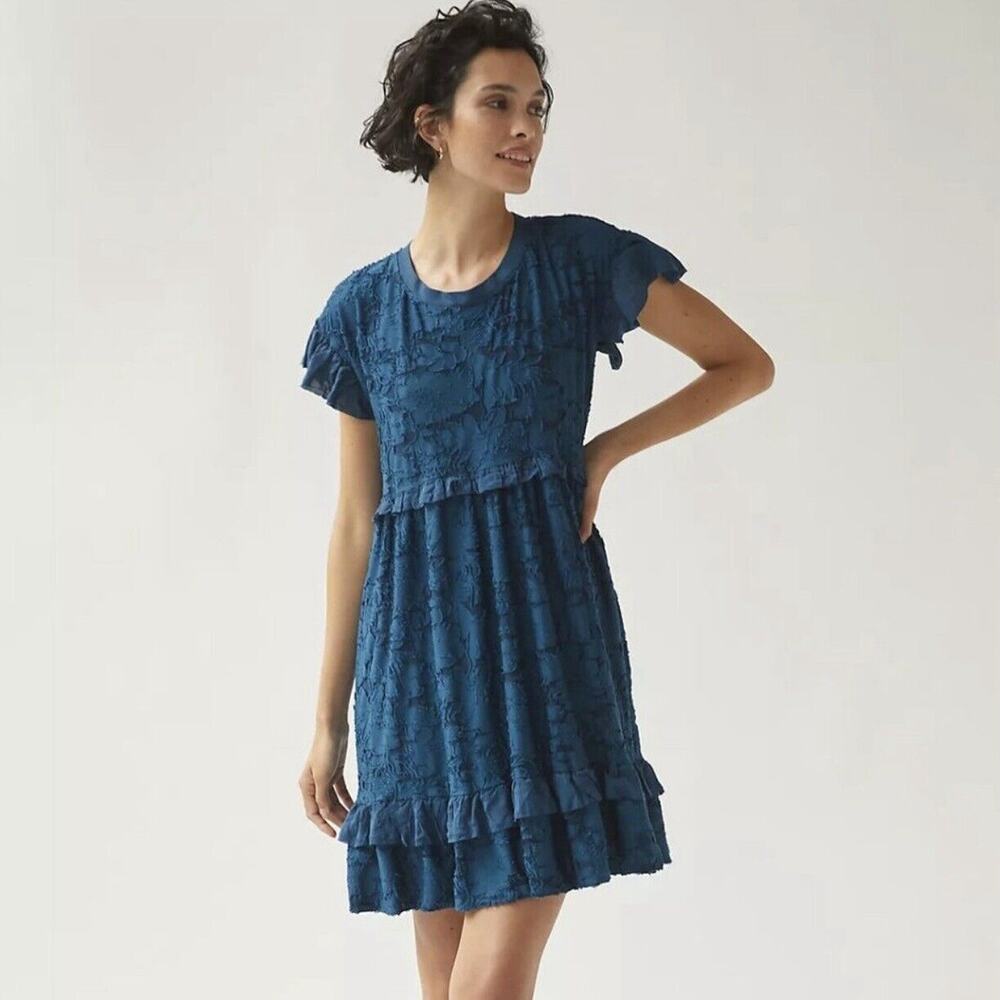 Anthropologie Blue Short Sleeve Dress Chartreuse XXS NWT
